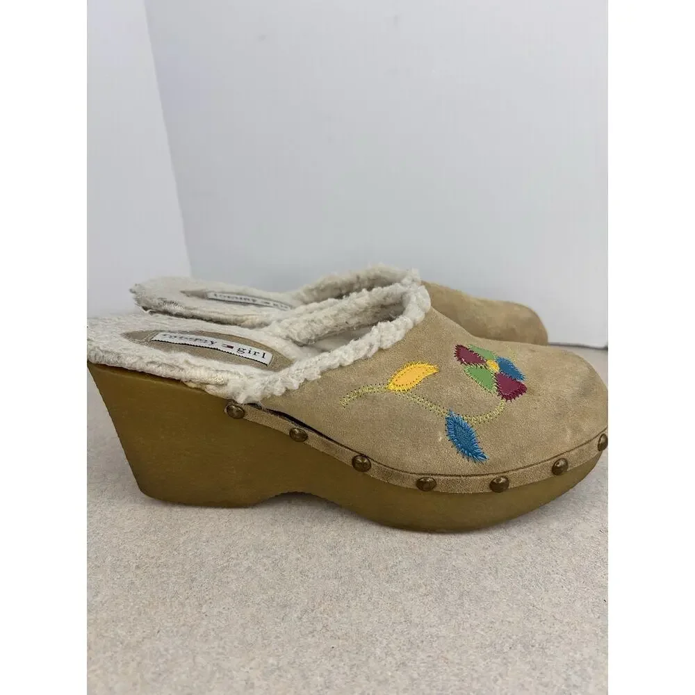 Vintage Y2K‎ 2000's Tommy Girl Women Wedge Clog Shoes Flowers Fur Lined Size 7M